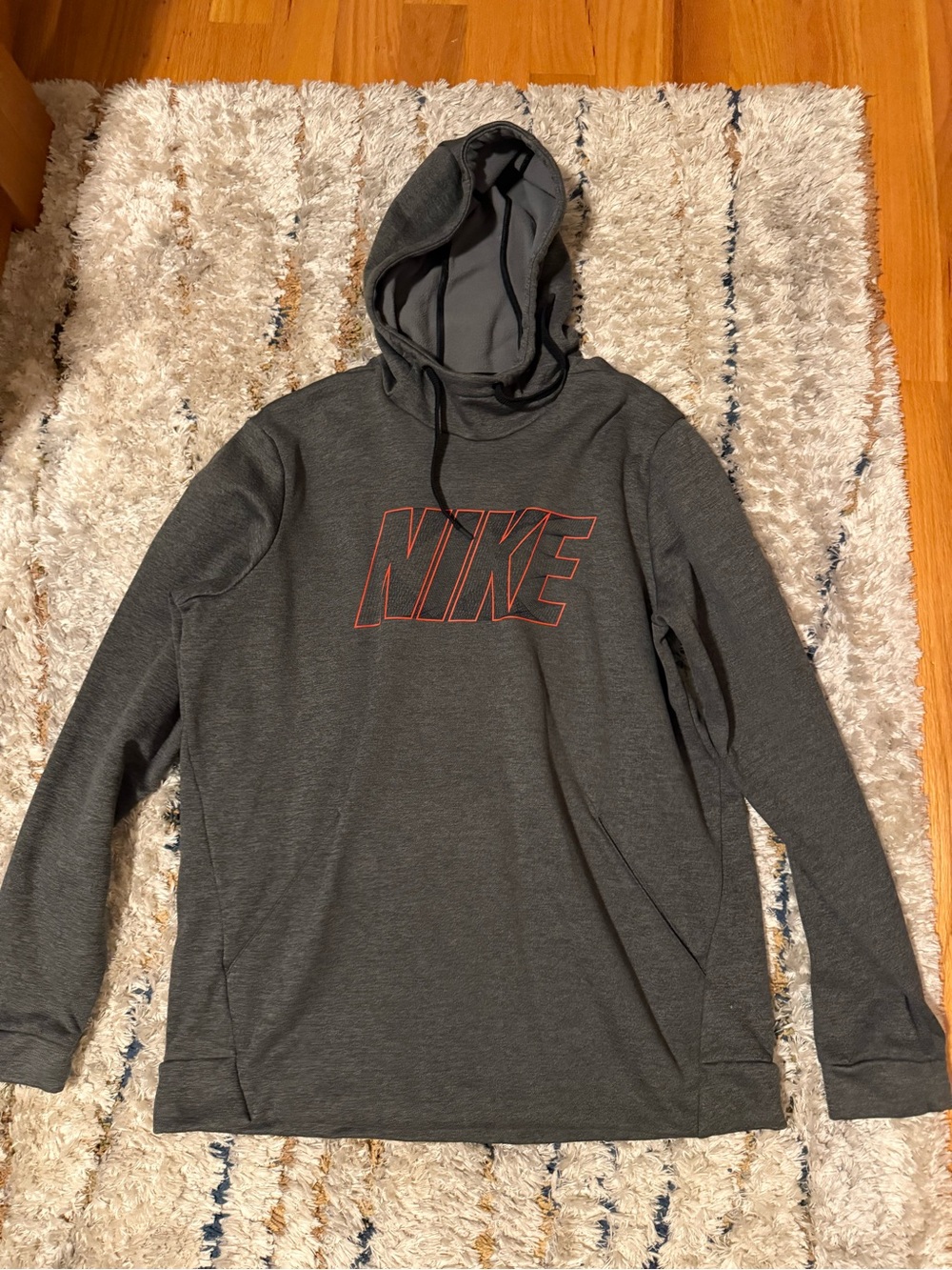 Nike Men's Charcoal Gray Hoodie with Red-Outlined Logo